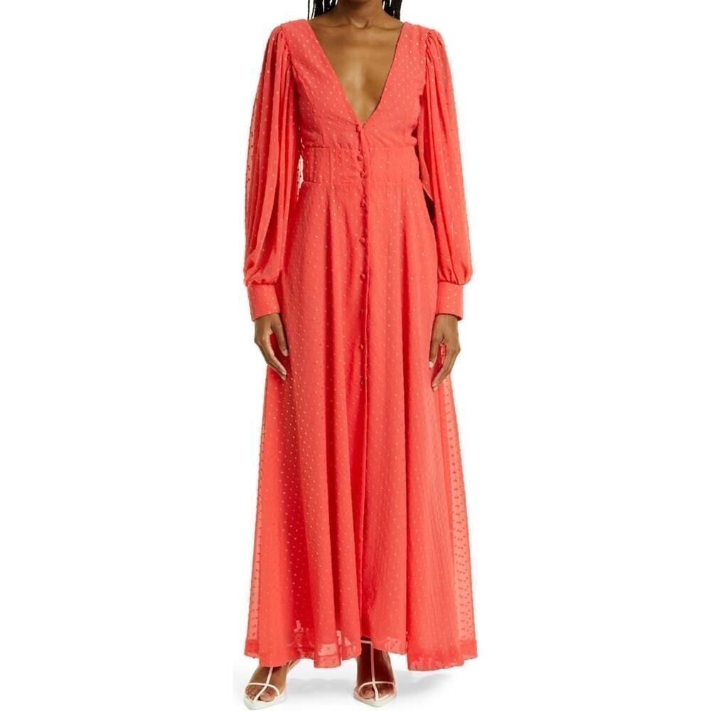 Kimberly Goldson Lesli Clip Dot Long‎ Sleeve Maxi Dress Women's Small Coral NWT
